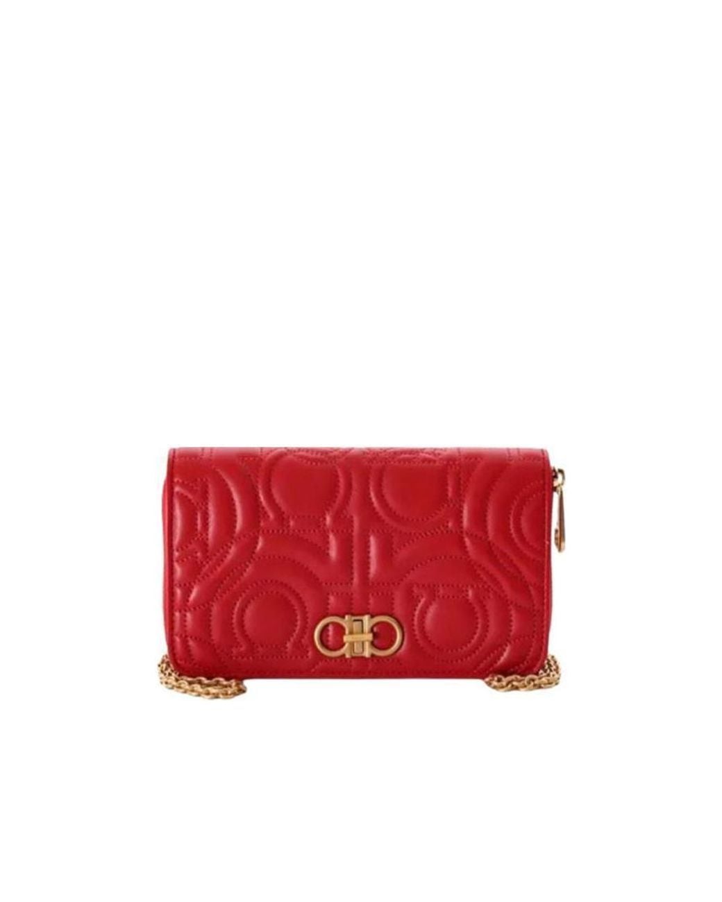 Ferragamo Red Logo Embossed Chain Wallet