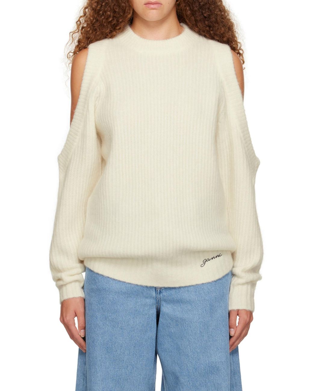 Ganni White Cold-Shoulder Crewneck Jumper