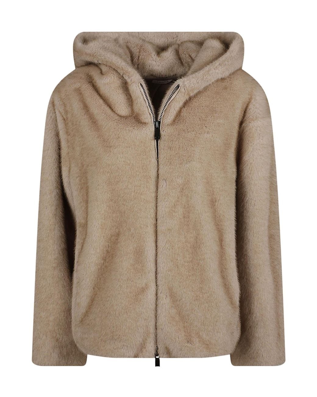 P.A.R.O.S.H. Brown Plush Faux Fur Jacket With Front Zipper And Hood