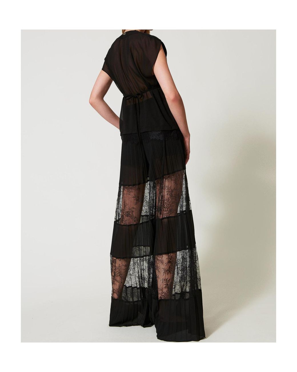 Twinset Black Lace Pleated Georgette Trousers