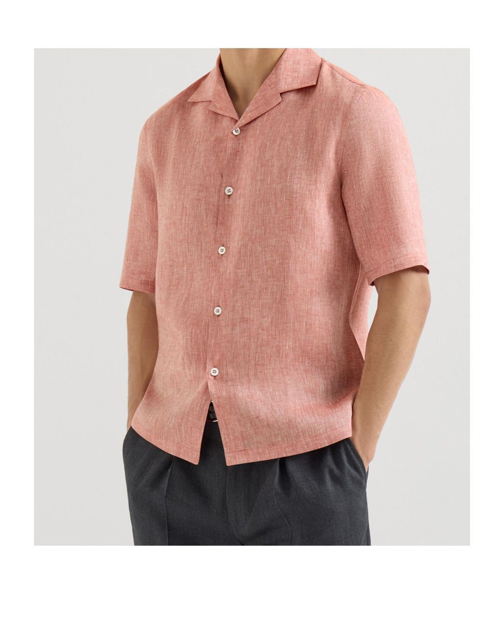 Brunello Cucinelli Pink Linen Easy Fit Short Sleeve Shirt With Camp Collar for men