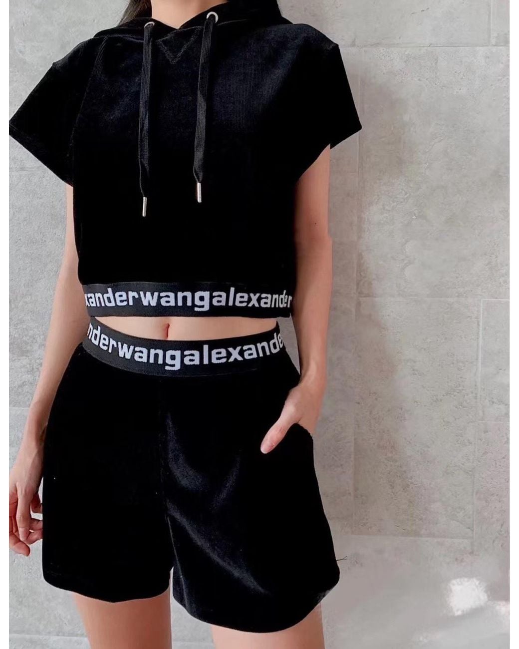 Alexander Wang Black Cropped Drawstring Corduroy Hoodie