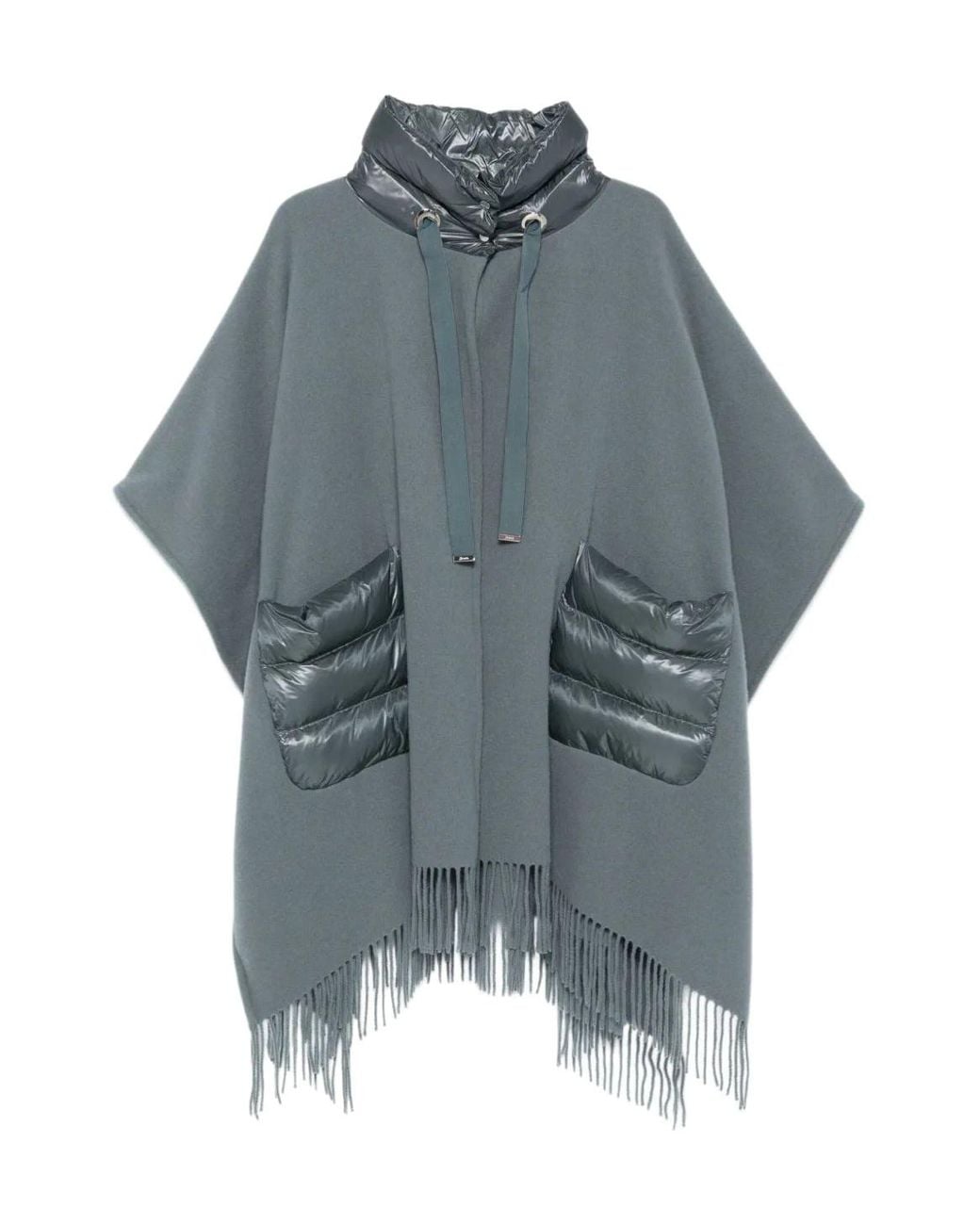 Herno Blue High-Neck Fringed-Edge Drawstring Poncho