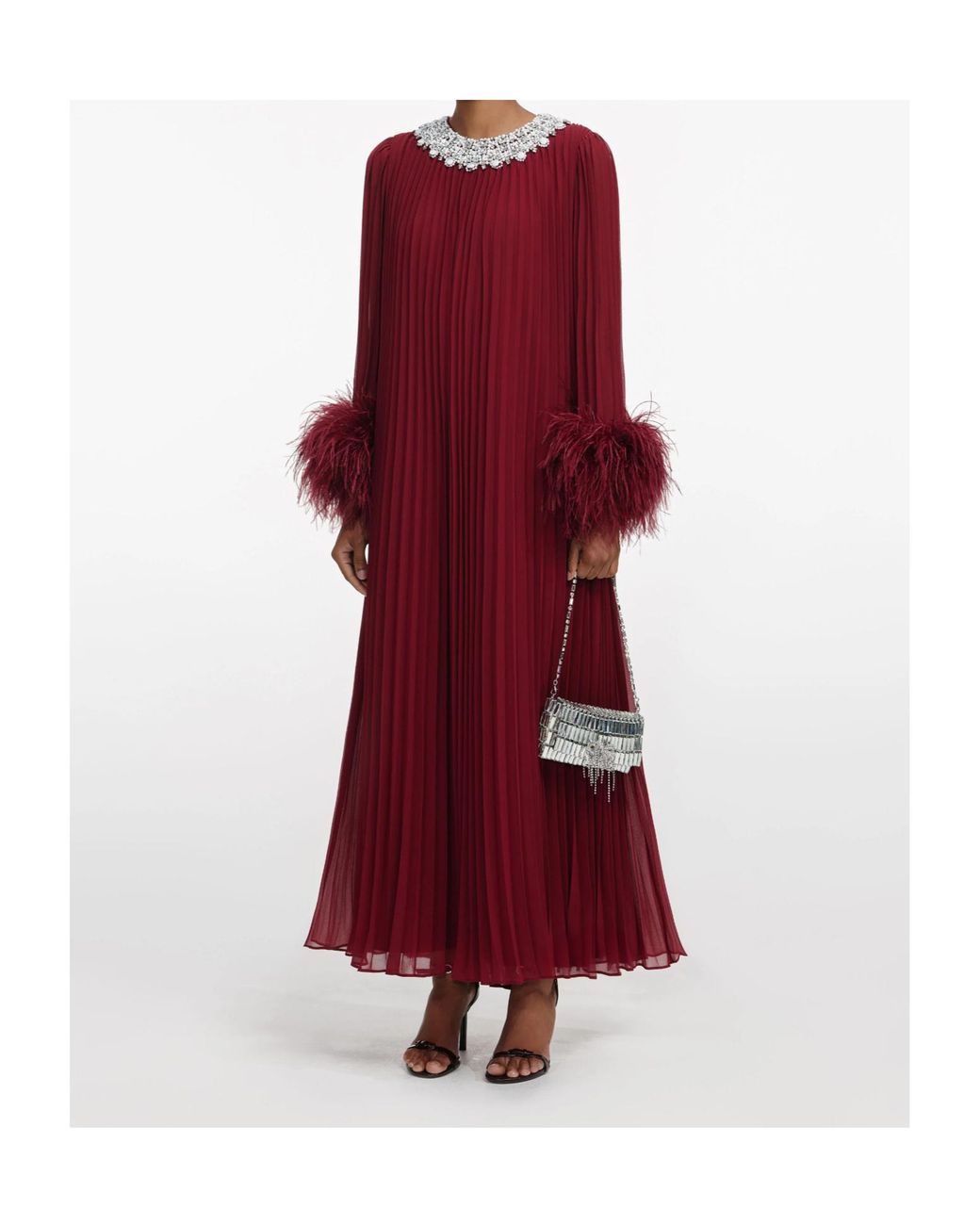Self-Portrait Red Feather-Trimmed Chiffon Midi Dress