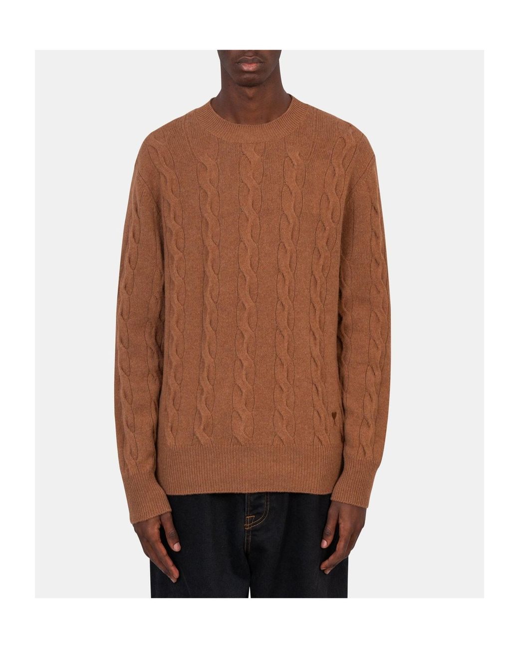 AMI Brown Ami Cable Knit Crew Neck Knitted Sweater for men