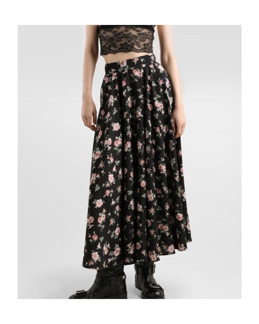Dolce & Gabbana Black Floral-Print Midi Skirt