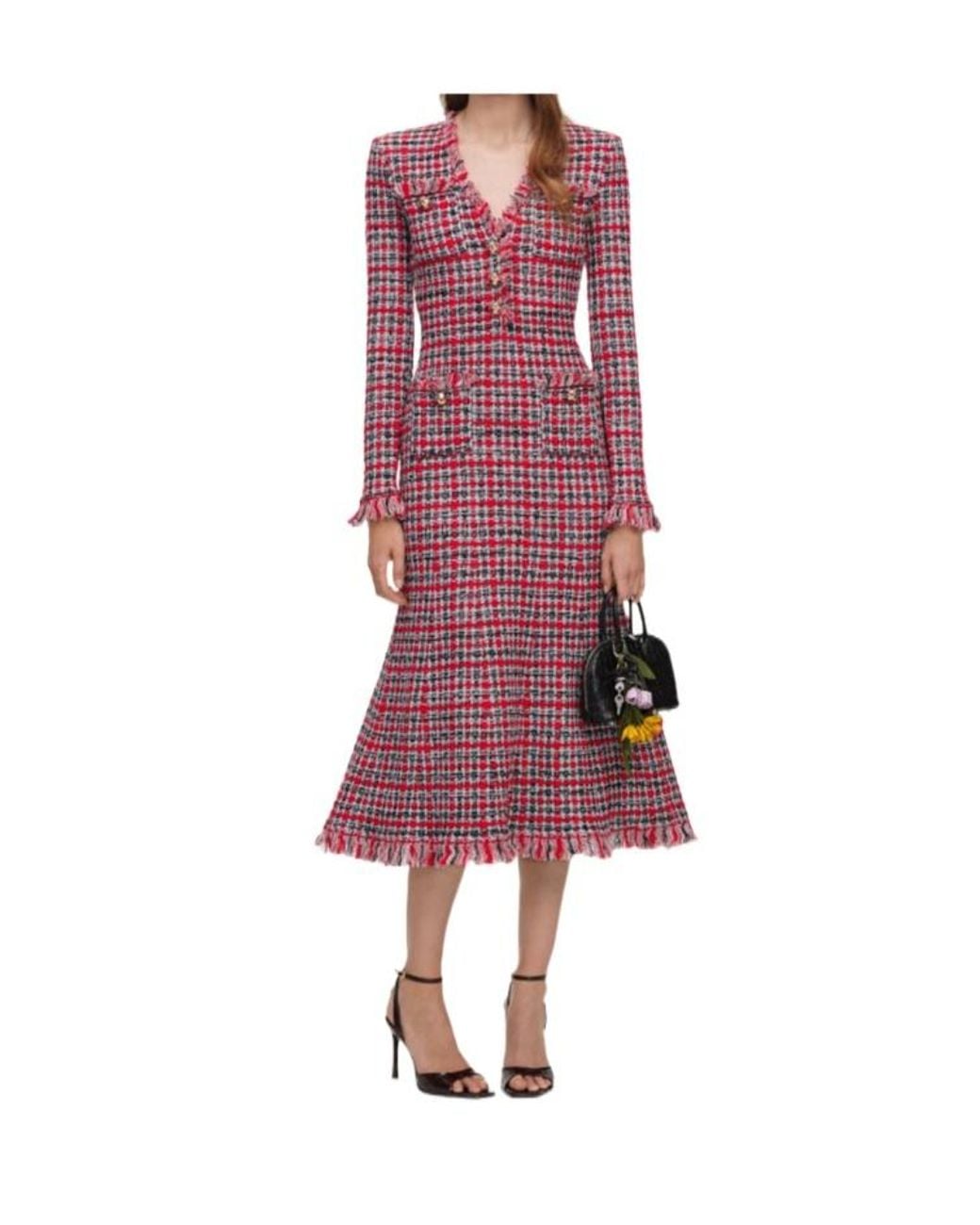 Self-Portrait Red Check Frayed Knit Midi Dress