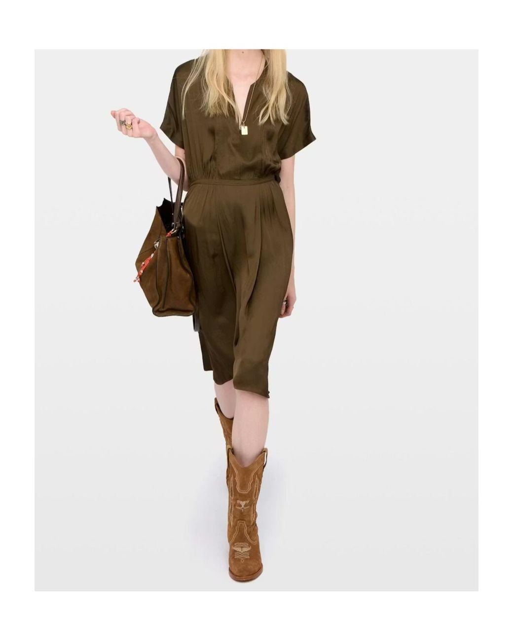 Zadig & Voltaire Green Riaz V-Neck Satin Midi Dress