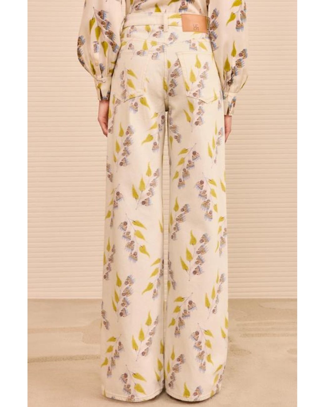 Ulla Johnson Natural Floral Mid-Rise Wide-Leg Jeans