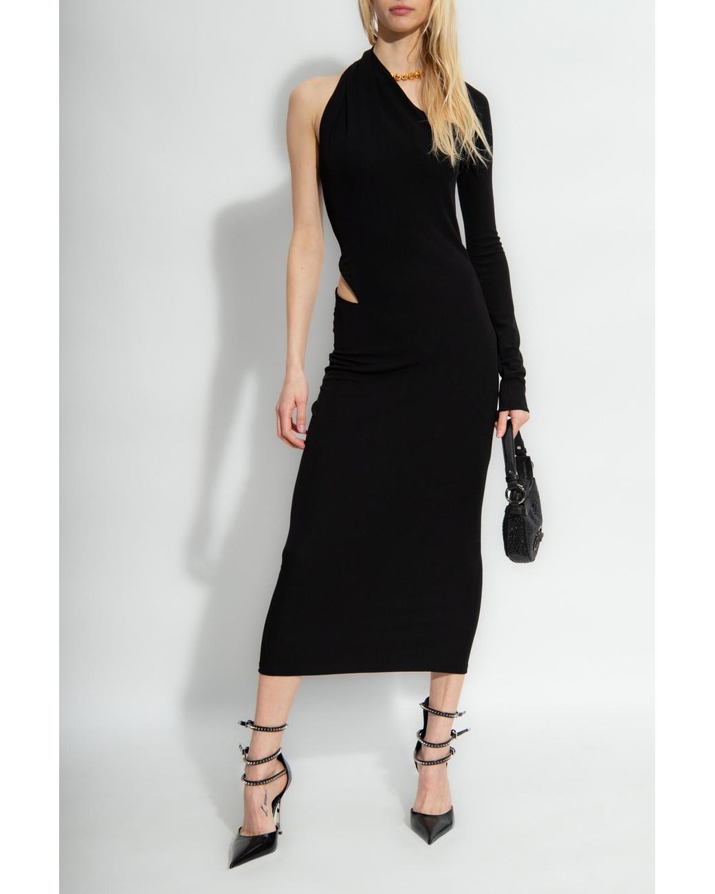 Versace Black One-Shoulder Cut Out Midi Dress