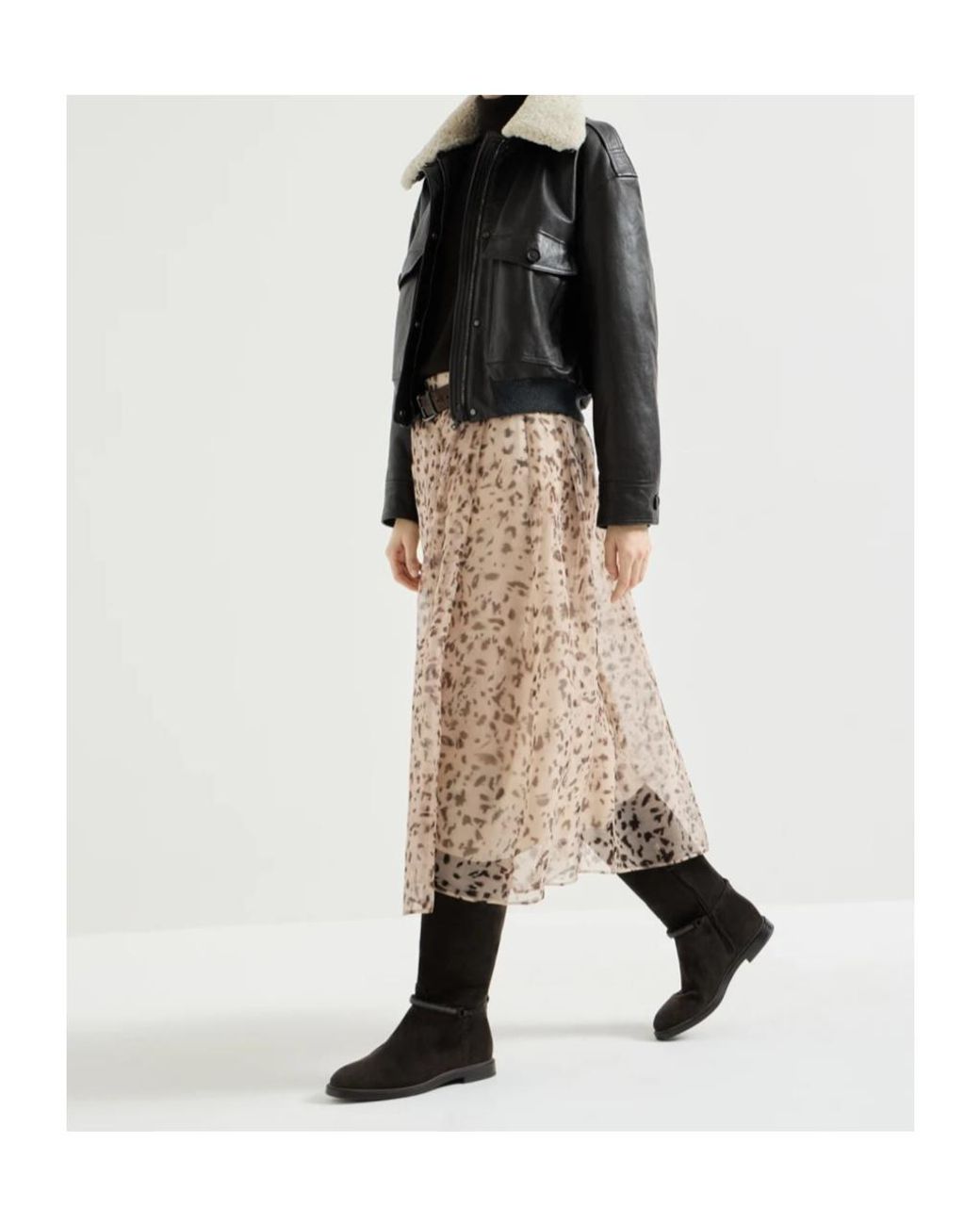 Brunello Cucinelli Natural Lynx Print Silk Organza Pleated Skirt