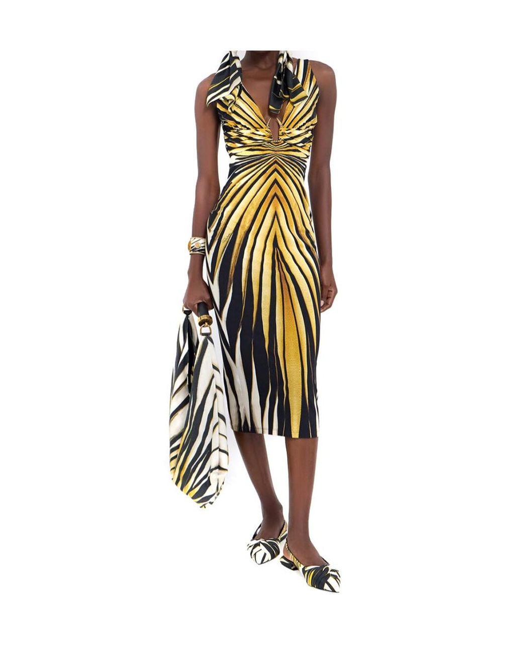 Roberto Cavalli Metallic Ray Of Print Midi Dress