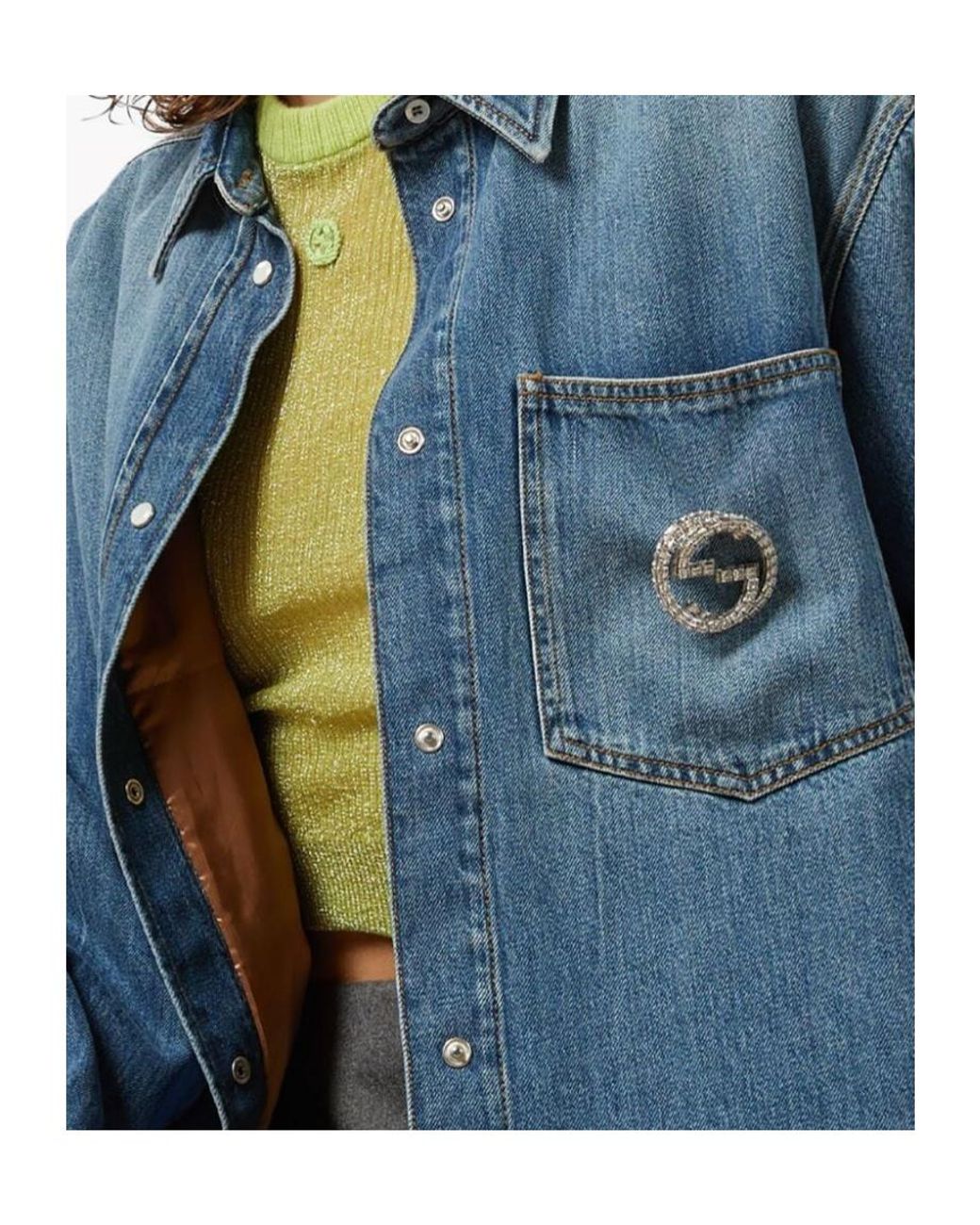 Gucci Blue Logo Plaque Collared Long-Sleeve Shirt