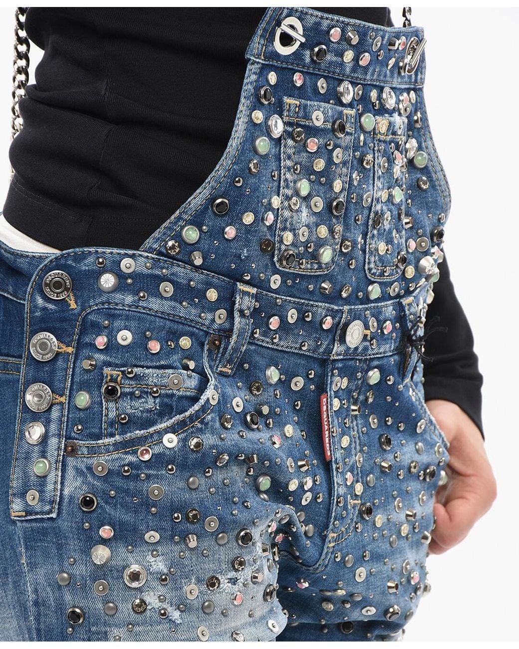DSquared² Blue Jewel-Embellished Chain-Strap Jumpsuit