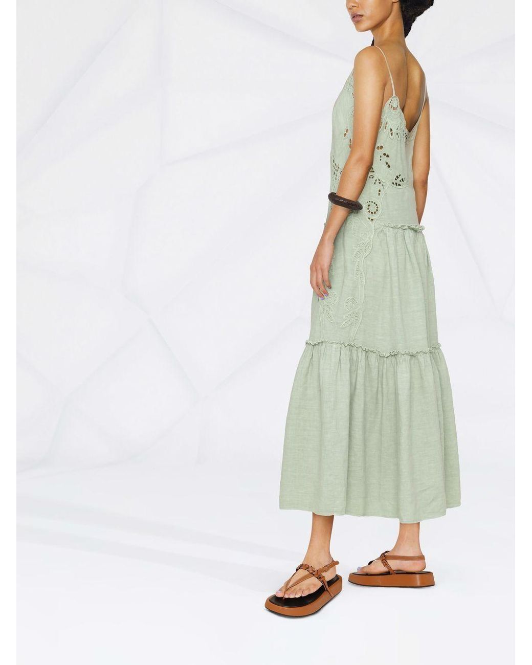Alberta Ferretti Green Macramé Tiered Maxi Dress