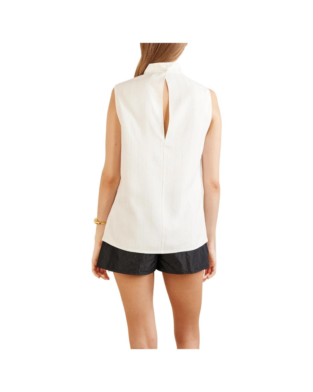 Kallmeyer White Sequined Ruched Striped Twill Top