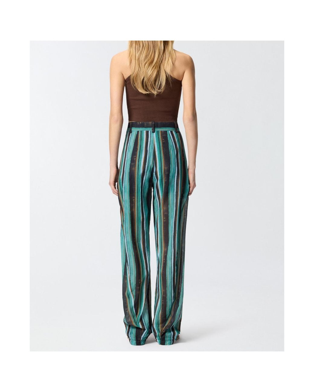Pinko Green Striped Pleated Straight Trousers