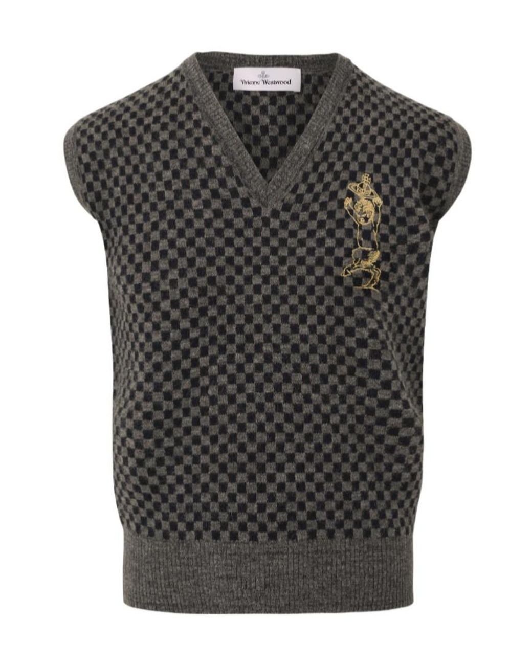 Vivienne Westwood Black Checkerboard-Knit Orb-Embroidered Sleeveless Sweater for men