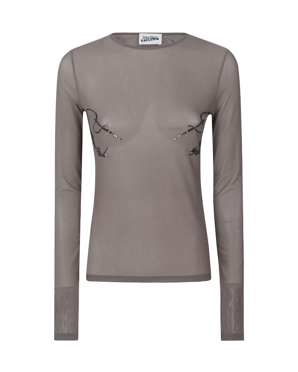 Jean Paul Gaultier Gray Mesh Crewneck Long Sleeves Top Embroidered