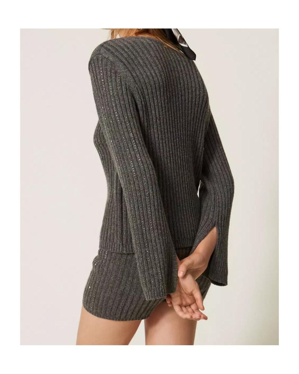 Twinset Gray Strass Ribbed Knitted Sweater