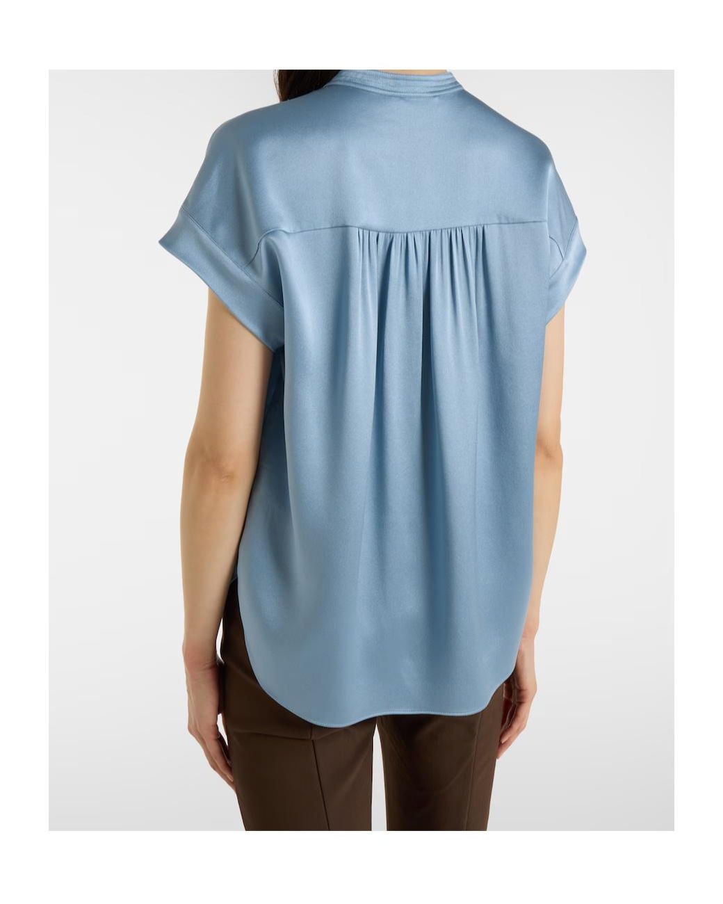 Vince Blue Gathered Silk Satin Blouse