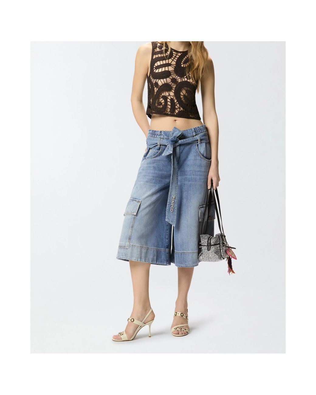 Pinko Blue Denim Utility Belted Bermuda Shorts