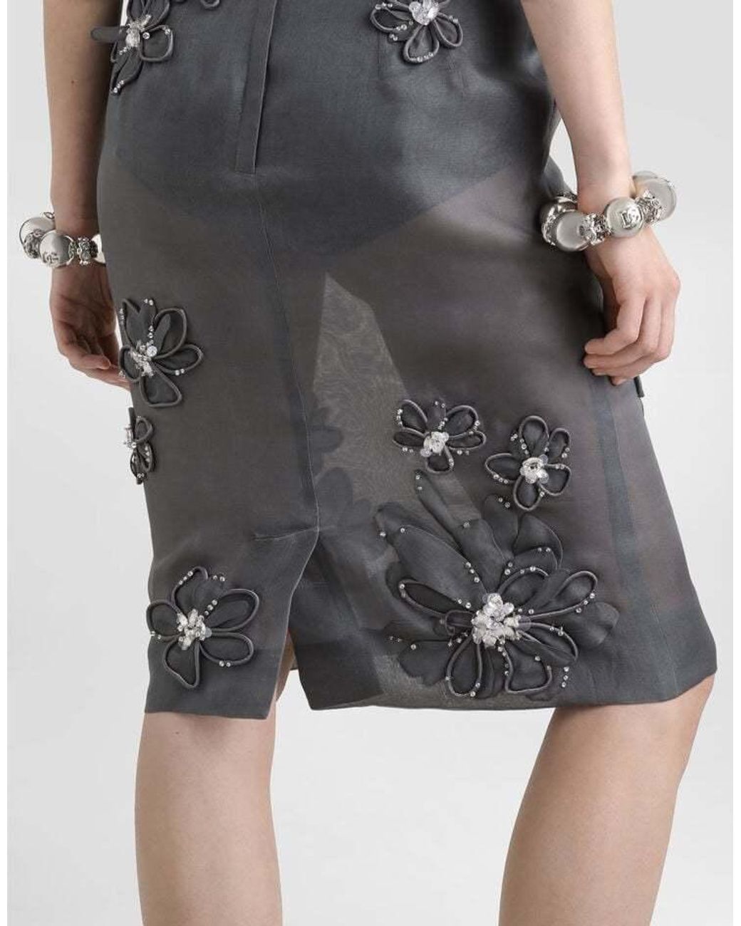 Dolce & Gabbana Gray Floral-Appliqué Midi Skirt