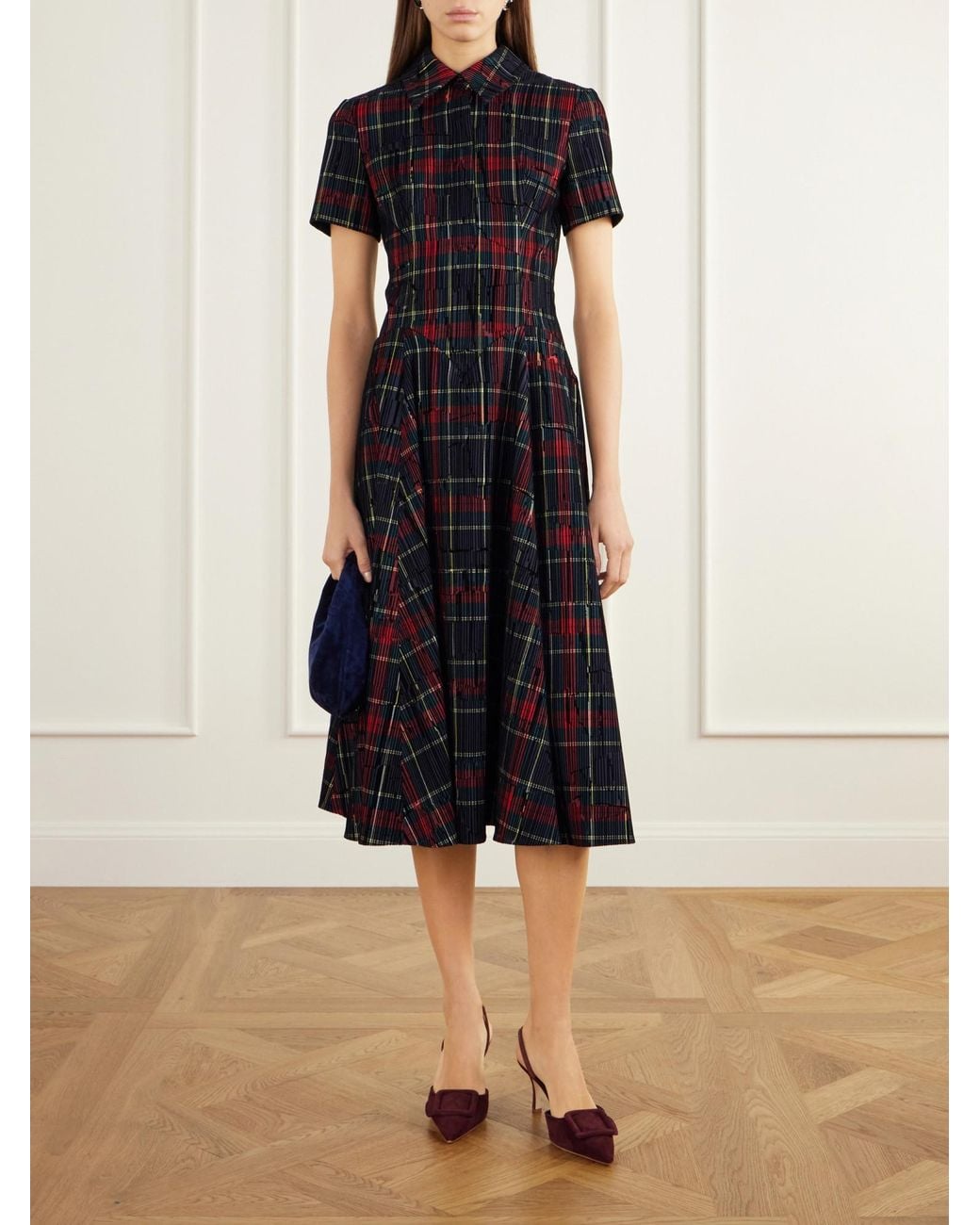 Emilia Wickstead Black Checked Flocked Velvet-Trimmed Gabardine Midi Dress