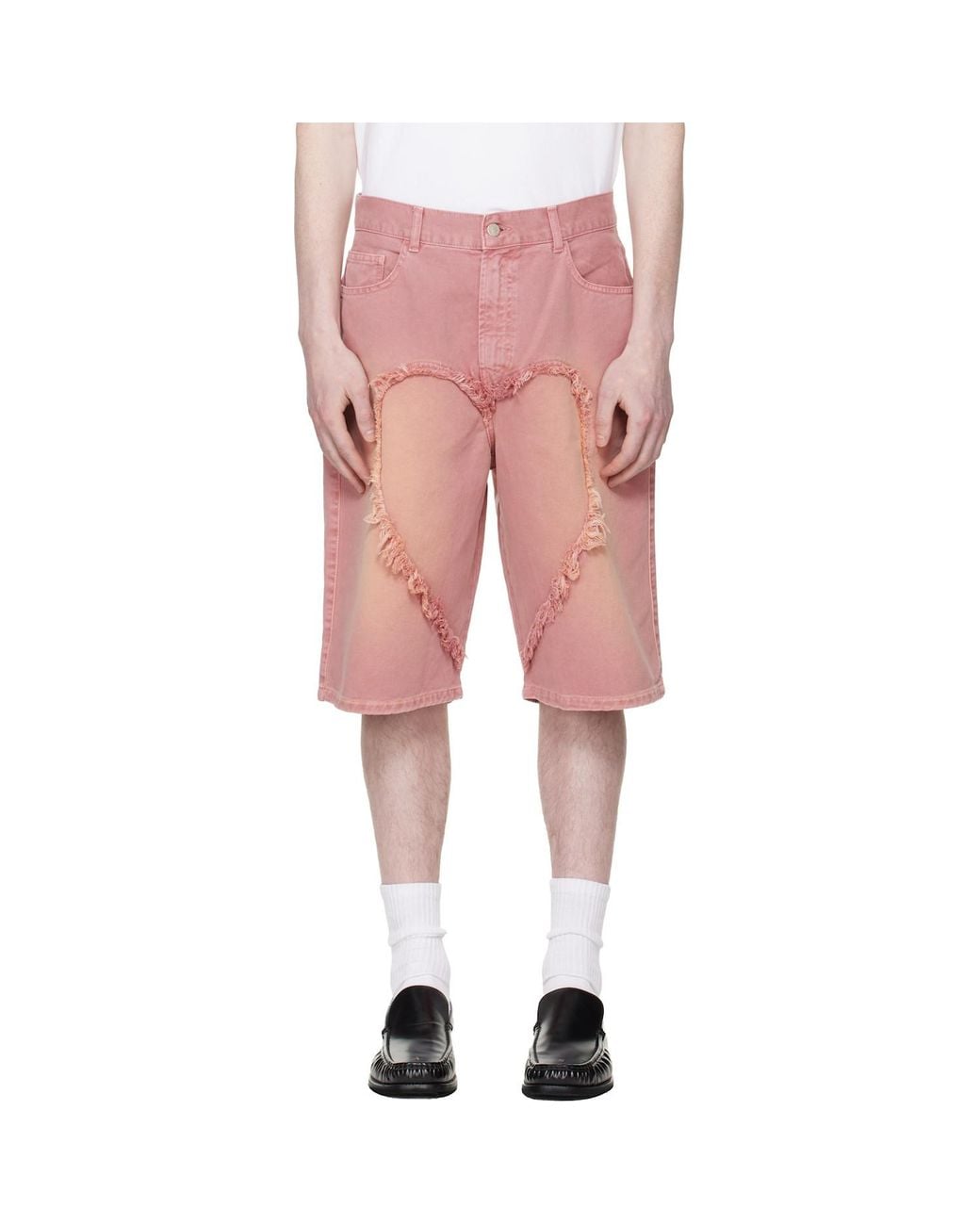 Carne Bollente Pink Frayed Heart-Motif Shorts for men