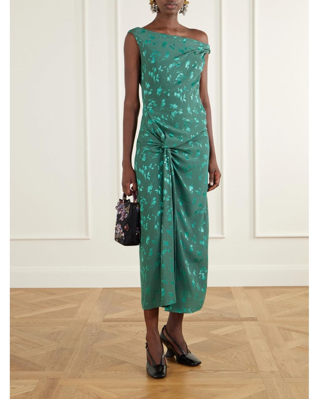 Dries Van Noten Green Floral-Jacquard Knot-Detail Satin Midi Dress