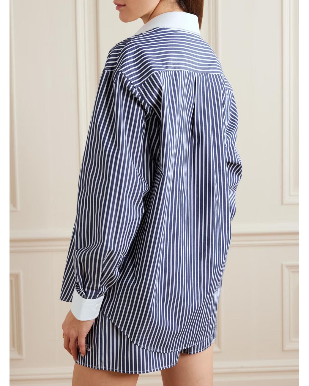 Sporty & Rich Blue Vendome Oversized Embroidered Striped Cotton Oxford Shirt