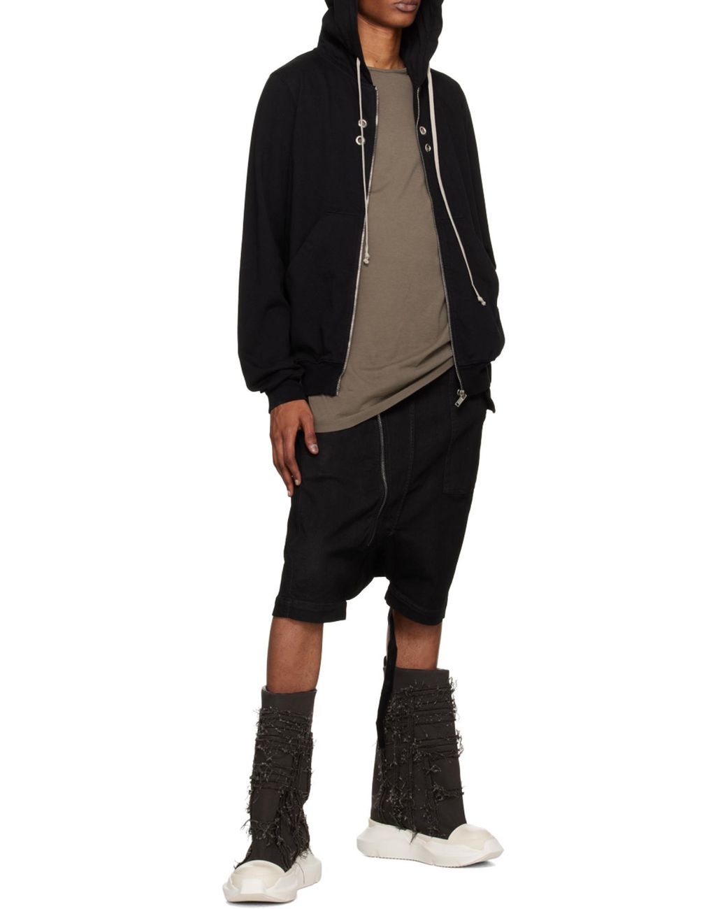 Rick Owens Black Old Made Diagonal Zipper Coated Denim Shorts for men