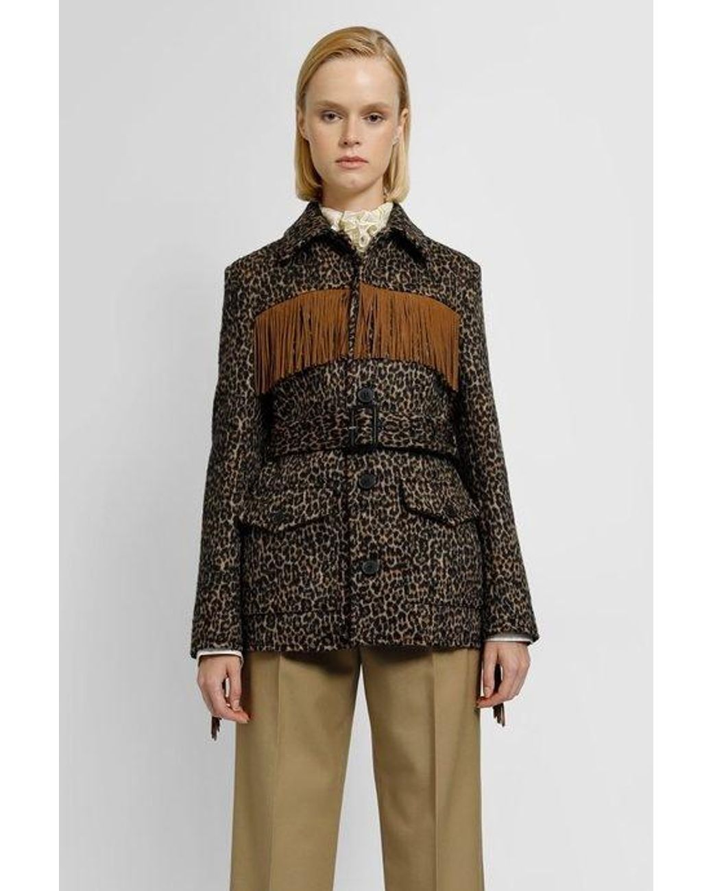 Saint Laurent Brown Leopard Print Fringed Jacket