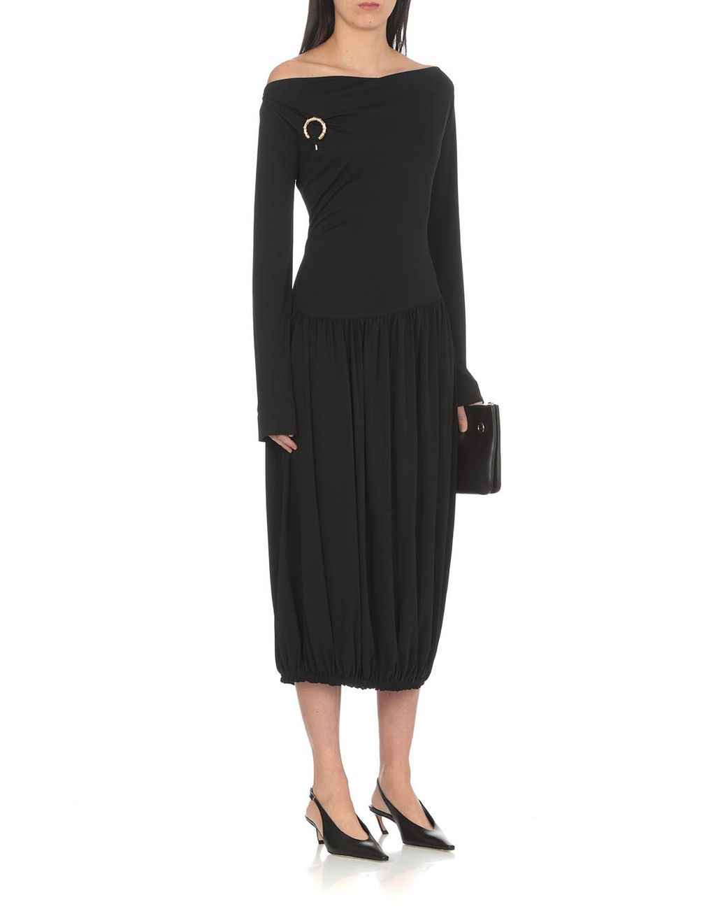 Lanvin Black Asymmetric Pleated Midi Dress