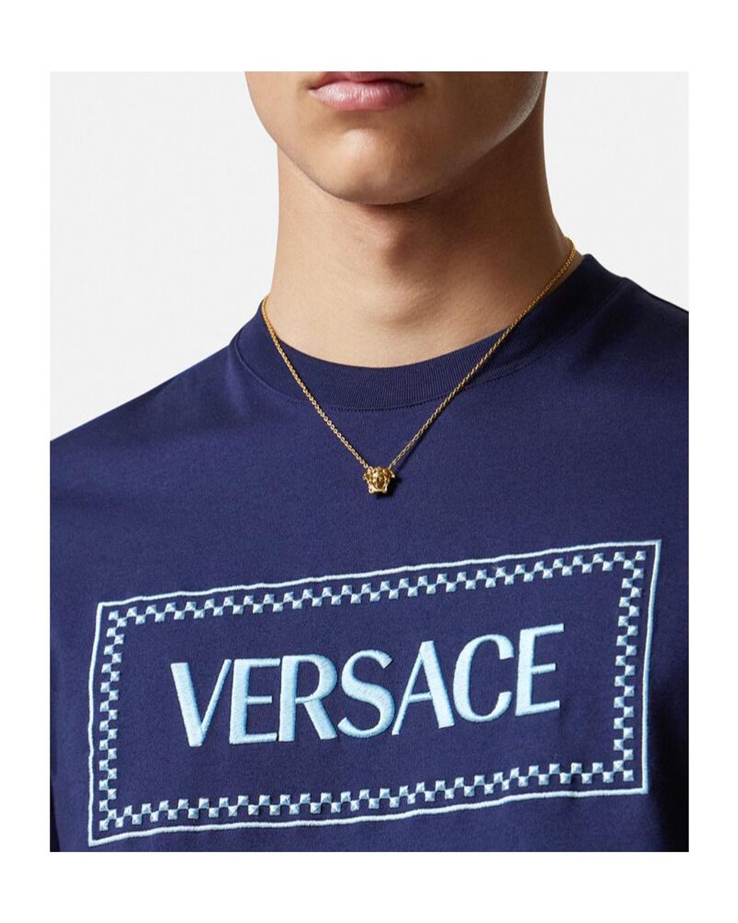 Versace Blue Logo Printed Crewneck T-Shirt for men