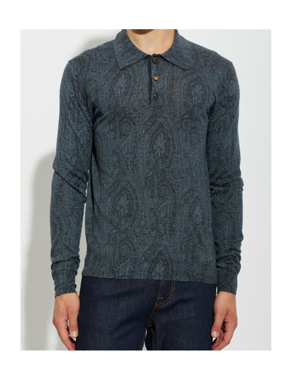 Etro Blue Paisley Long Sleeve Polo Shirt for men