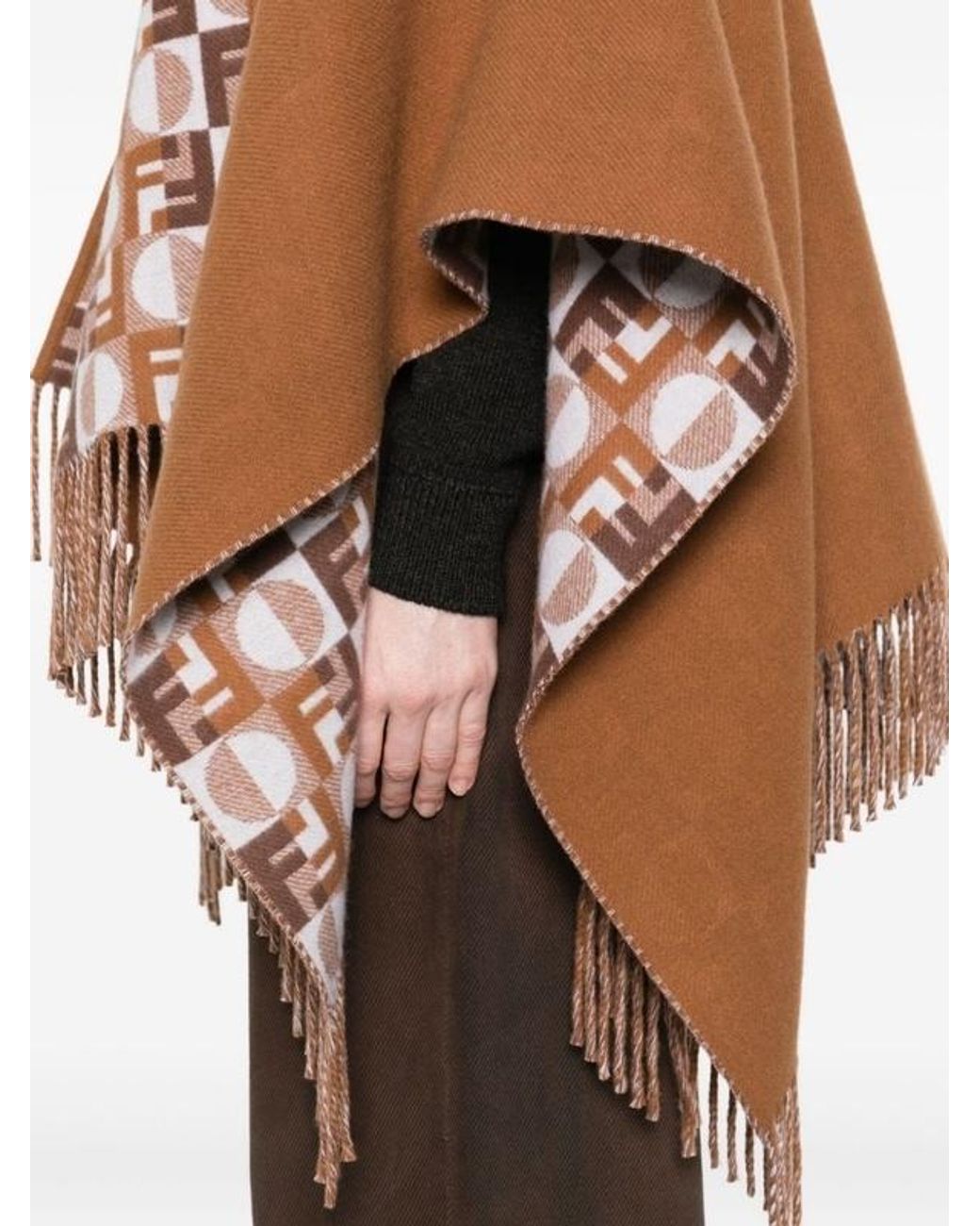 Fendi Brown Ff Jacquard Fringed-Edge Cape