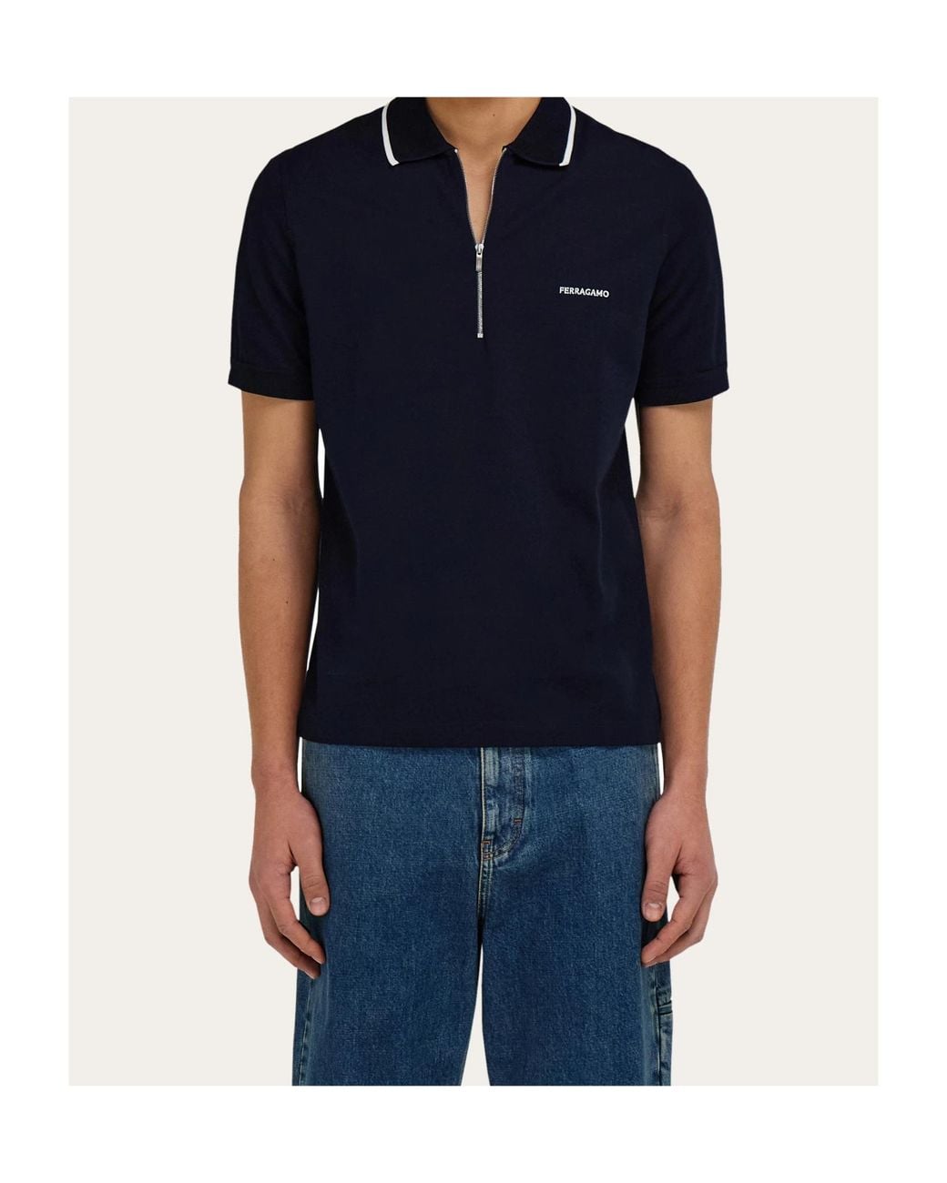 Ferragamo Blue Cotton Polo Shirt With Zip Closure for men