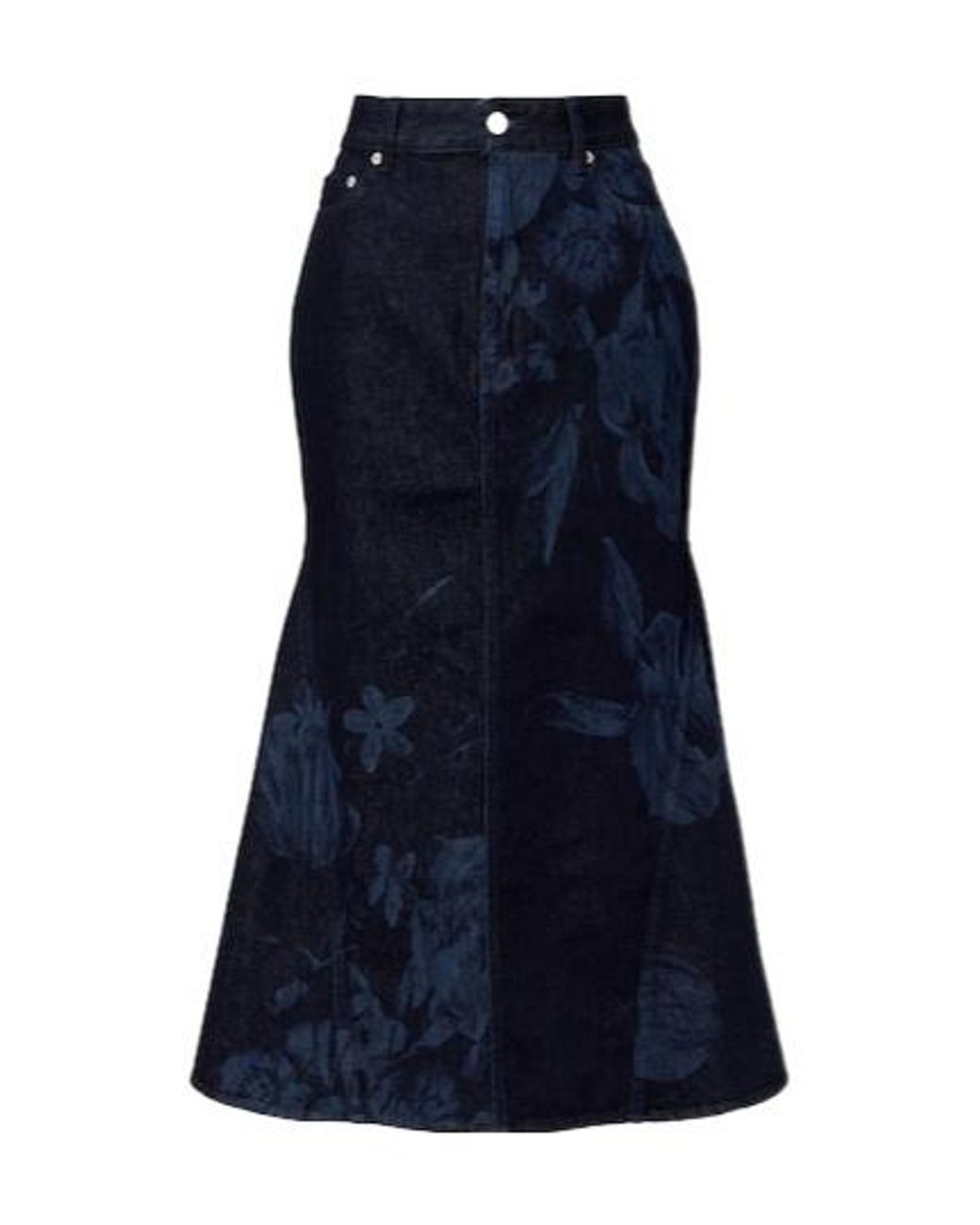 Erdem Blue Floral Flared Denim Midi Skirt