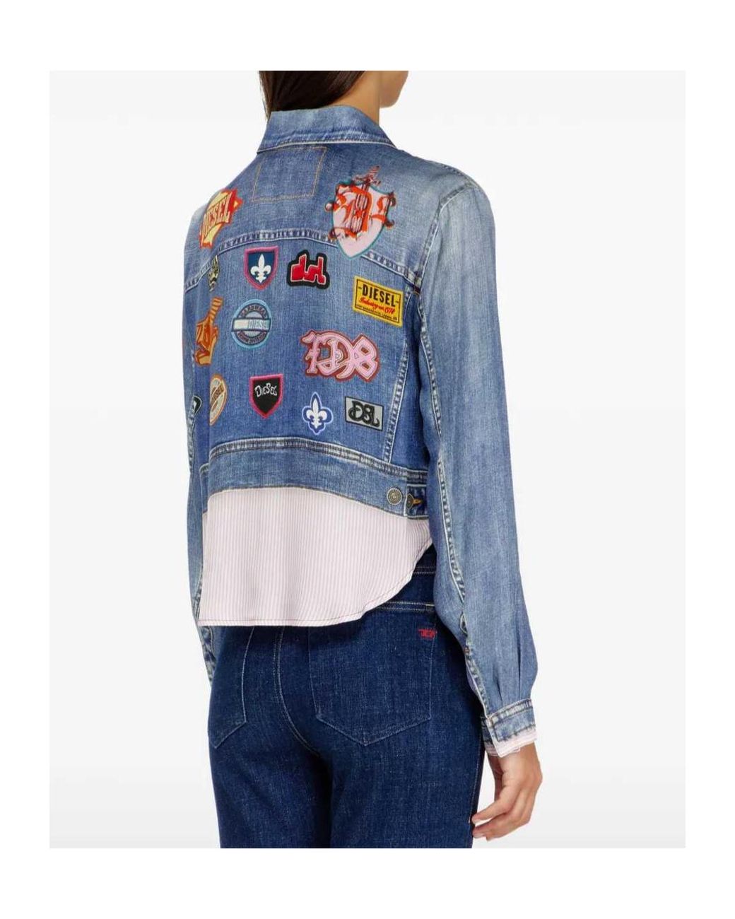 DIESEL Blue Cropped Satin Shirt With Trompe-Loeil Denim Print
