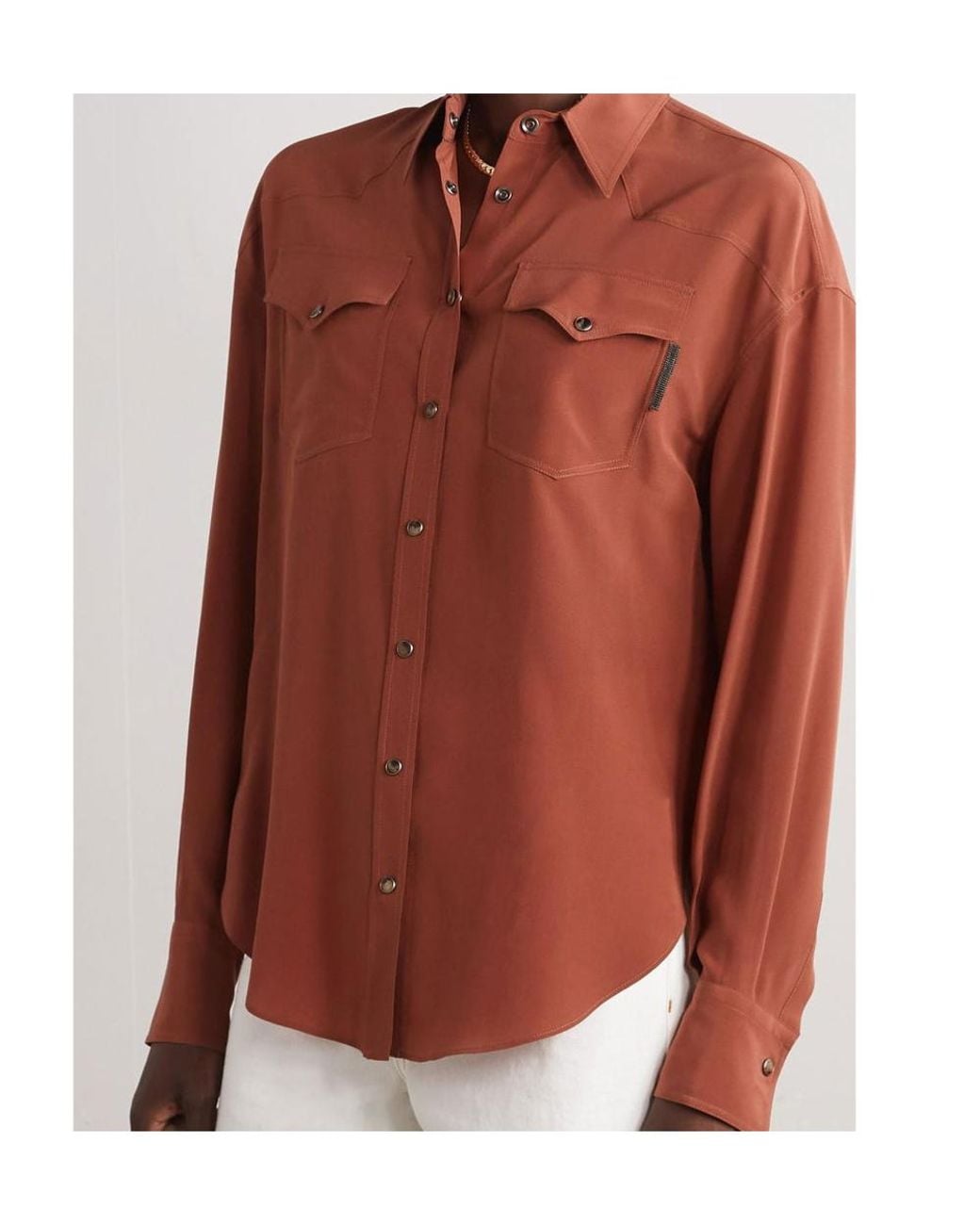 Brunello Cucinelli Brown Long-Sleeve Silk Blouse