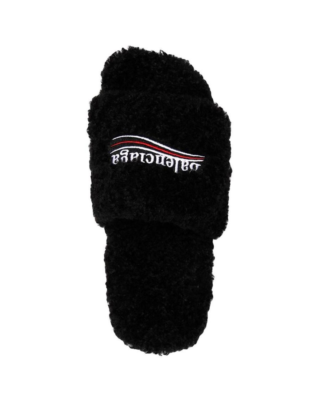 Balenciaga Black Logo Embroidered Furry Slide Sandals