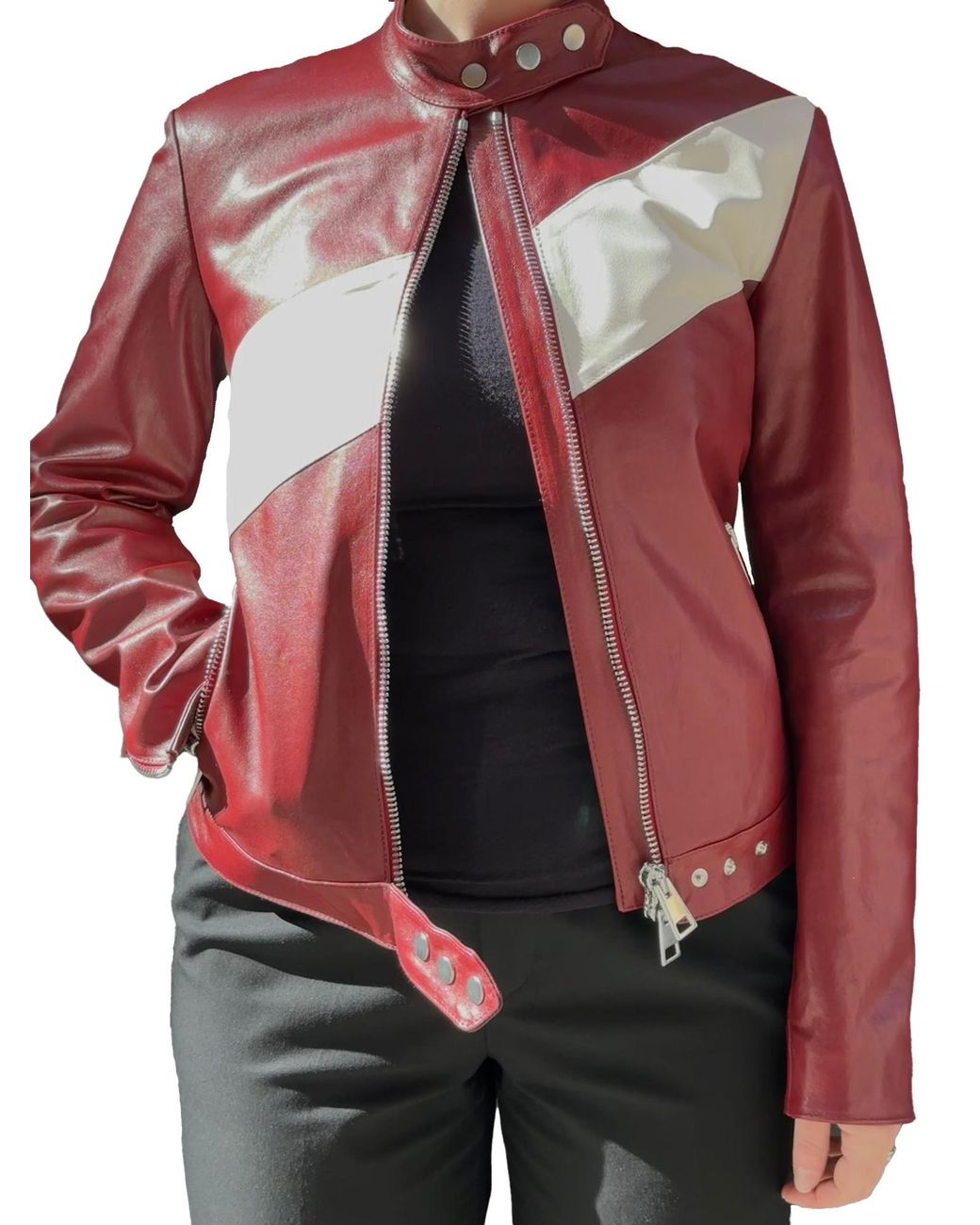 Lela Rose Red Zip-Up Leather Jacket