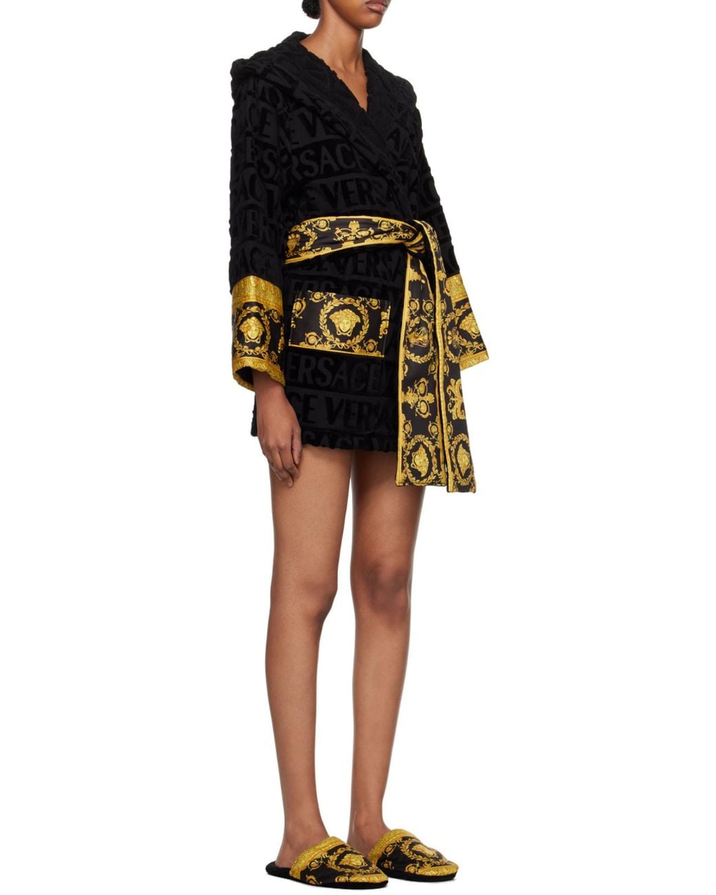 Versace Black Baroque Printed Belted Waist Robe for men