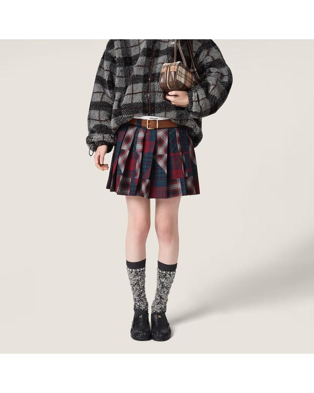 Miu Miu Red Pleated Plaid Patchwork Miniskirt