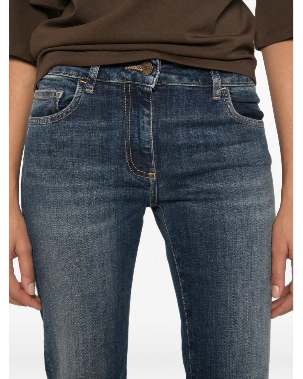Elisabetta Franchi Blue Faded-Effect Embroidered Logo Jeans