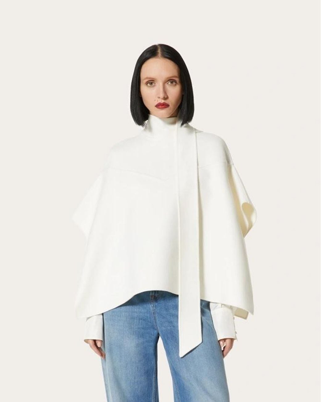 Valentino White Neck-Tie Cape Coat