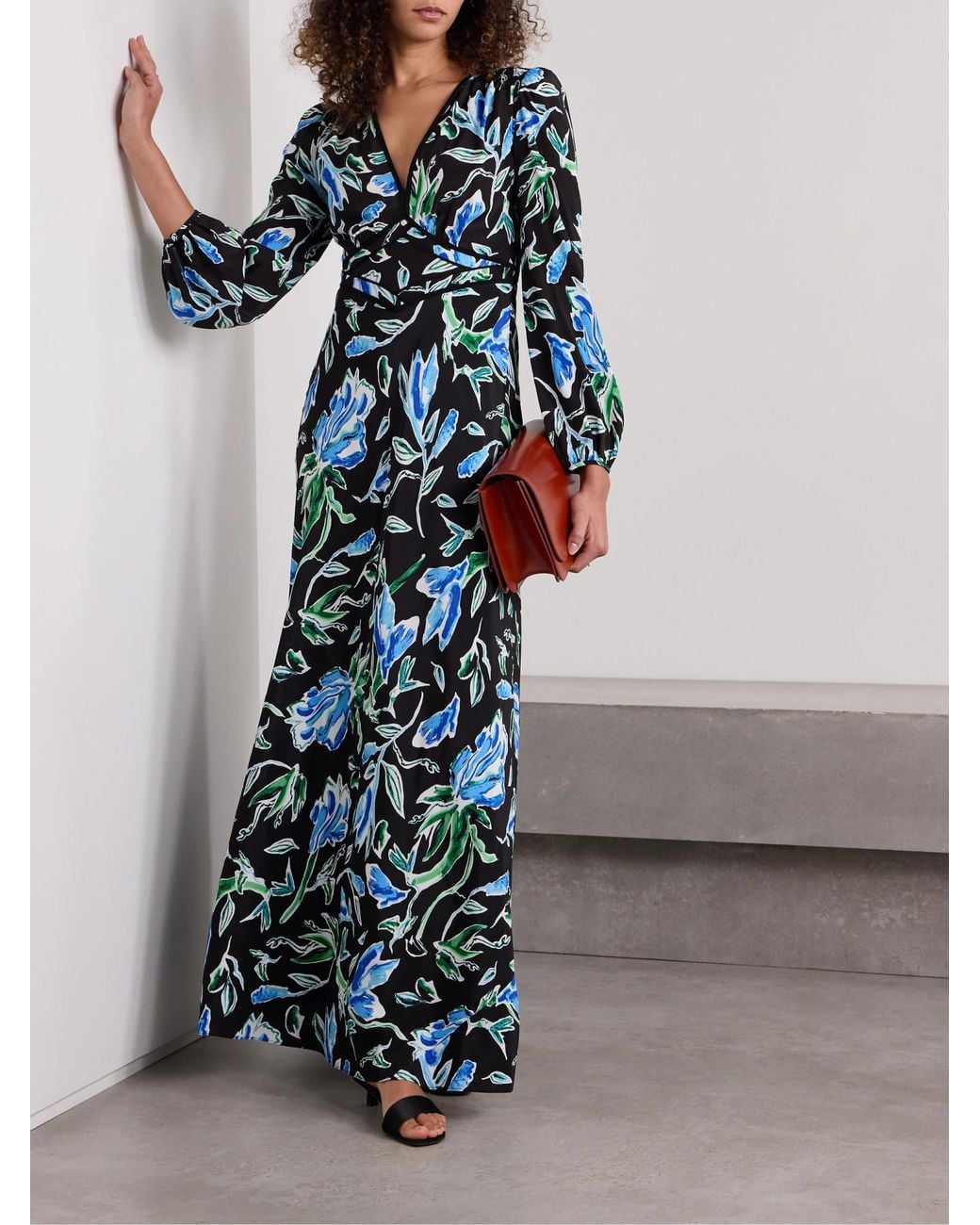 Diane von Furstenberg Blue Seline Floral-Print Crepe De Chine Maxi Dress