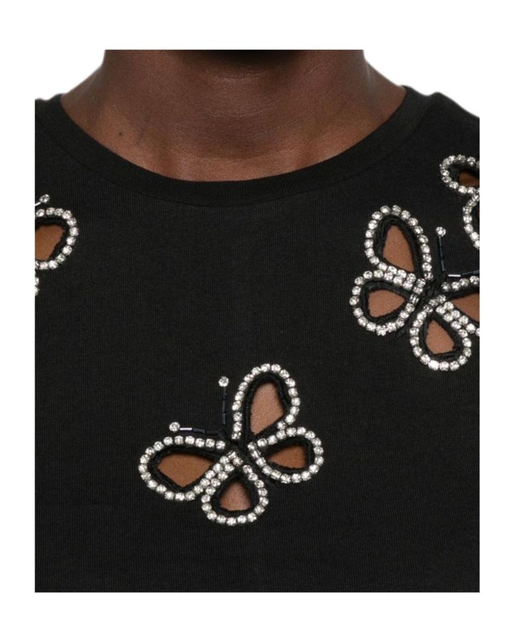 Alice + Olivia Black Cotton Crystal Embellished Cutout T-Shirt