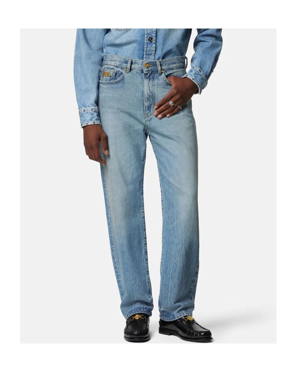 Versace Blue Logo-Patch Pencil Jeans for men